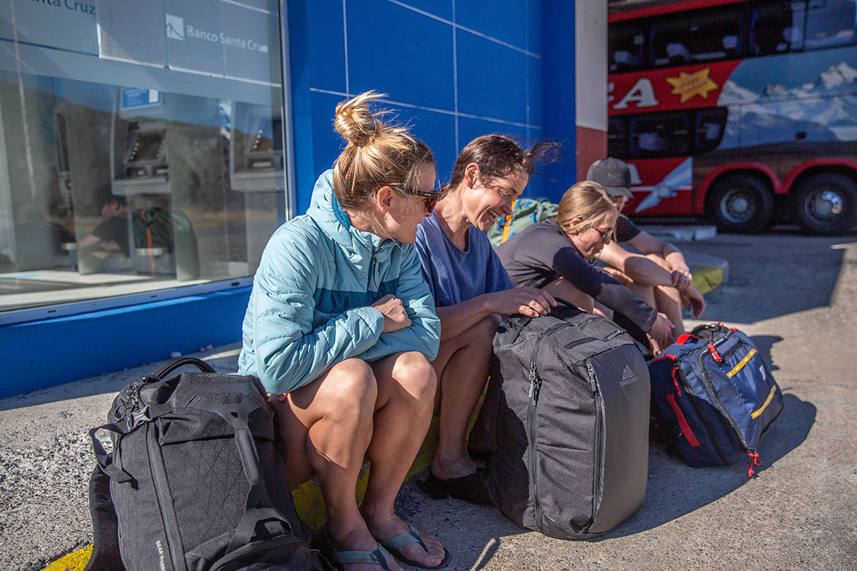 Travel packs (sitting at bus station)